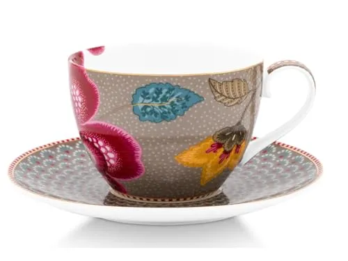 Pip Studio Blooming Tales Khaki Tasse mit Untertasse 0,3l - Elegante Tasse mit passender Untertasse aus hochwertigem Porzellan. Das florale Muster in Khaki sorgt für stilvollen Kaffeegenuss und ein ansprechendes Tischambiente.
