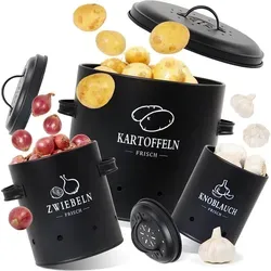 Theo&Cleo Premium Kartoffel Aufbewahrungsbox 3er Set - Vorratsdosen für Kartoffeln, Zwiebeln und Knoblauch mit 360° Luftzirkulation, langlebigem Stahlblech und klassischem Retro-Design, hält Gemüse länger frisch.