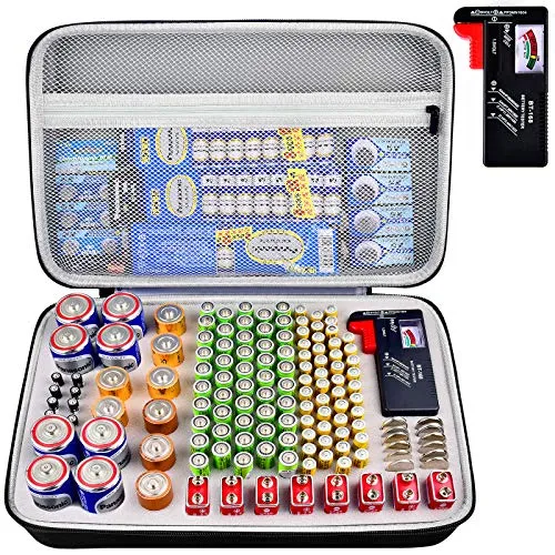Batteriebox Aufbewahrung Batterien Tasche Case Variety Pack Organizer Batteriekasten mit Tester hält 140+ AA, AAA, C, D, 9V, cr1632, cr2016,Lithium 3V Knopfbatterien Caddy Container (Grau)