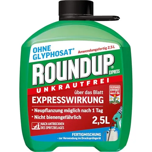 Roundup Unkrautfrei Express 2,5 Liter - Schnelle Unkrautbekämpfung - Unkrautvernichter mit sofort sichtbarem Effekt, ideal für Zier- und Obstgehölze im Garten. Glyphosatfrei und bienengefährlich, wirkt auch bei niedrigen Temperaturen.