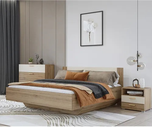 Schlafzimmer Set VARESE-83 – Bettgestell 180x200 cm in Eiche - Elegantes Schlafzimmer Set in Wildeiche-Optik mit sandbeigen Akzenten. Inklusive Bettgestell, Kommode und Nachtschrank für praktische Aufbewahrung. Ideal für einen stilvollen und einladenden Schlafbereich – jetzt entdecken!