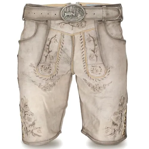 STEIGENHÖFER Herren Lederhose kurz - Franz - Vintage Trachtenhose aus 100% Rindsleder - Traditionelle Lederhose aus hochwertigem Nubukleder mit edler Stickerei. Ideal für Oktoberfest und Festlichkeiten, inklusive passendem Gürtel für individuellen Tragekomfort.