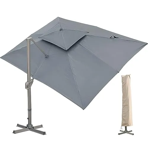 LKINBO Sonnenschirm 300 x 400 cm Rechteckig mit Ständer und Kurbel, Groß Ampelschirm Terrassenschirm 360°Drehbar Parasol Windfest Gartenschirm Wasserdicht Marktschirm für Garten Deck Outdoor, Grau