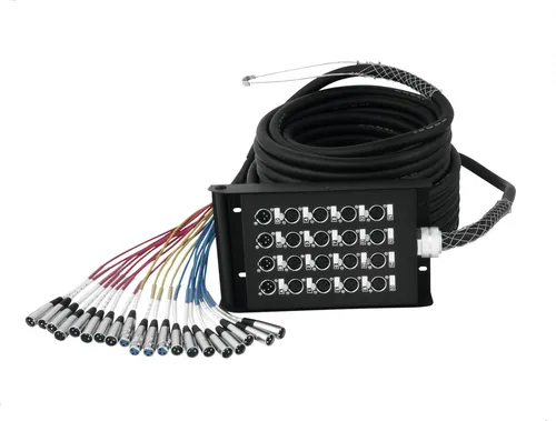 Eurolite Multicore 16IN/4OUT mit Stagebox, 30m - Diverse E: Komplett konfektioniert für zuverlässige Signalübermittlung zwischen Bühne und Mixer, mit 16 XLR-Eingängen und 4 Ausgängen, ideal für professionelle Anwendungen.