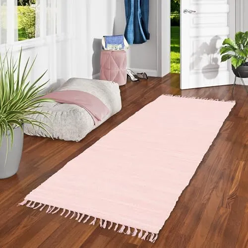 Pergamon Baumwolle Natur Teppich Flachgewebe Handgewebt Läufer Jolly Cotton Rosa - Läufer aus 100 % Baumwolle, handgewebt und antistatisch. Ideal für Parkett und Laminat, auch für Fußbodenheizung geeignet. Unterstützt CARE & FAIR gegen Kinderarbeit.