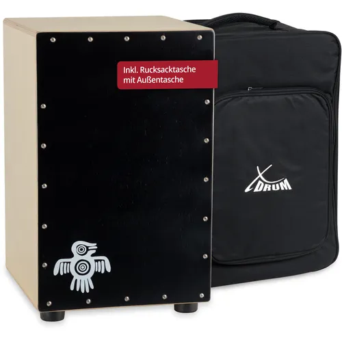 XDrum Cajon Peruana Black Wood - Percussion-Instrument mit 3 mm Schlagplatte aus Black Wood, bietet ausgewogenen Klang und tiefen Bass, inklusive Rucksack-Tasche für einfachen Transport.