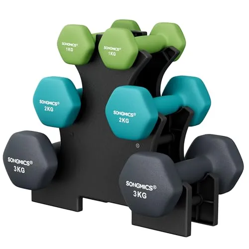 SONGMICS Hantel-Set 12kg - Neopren Kurzhanteln in grün-aquamarin-dunkelgrau - Hantelset mit 6 Kurzhanteln (1kg und 2kg) und Hantelständer, ideal für effektives Training zu Hause und rutschfest durch Neopren-Ummantelung.