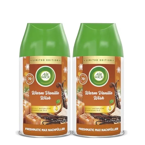 Air Wick Freshmatic Max Nachfüller – Warm Vanilla Wish - Elektrischer Lufterfrischer mit 2 x 250 ml Nachfüllflaschen, sorgt bis zu 70 Tage für einen sinnlichen Duft von Vanillesterne und Karamell – ideal für kontinuierliche Frische in jedem Raum.