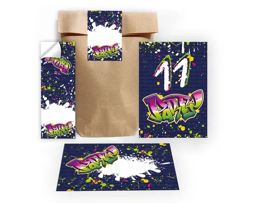JUNAPACK Einladungskarten Graffiti zum 11. Geburtstag Einladungen Karte mit Umschlägen Mitgebsel, Mitgebsel Set mit Graffiti für Kinder zum elften Geburtstag