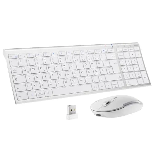 iClever Kabelloses Tastatur Maus Set - Ultra-Dünne Wiederaufladbare Funktastatur für PC - Tastatur- & Maus-Sets: Schlankes Design mit 99 Tasten, leisen Scissor-Switch-Tasten und 90 Stunden Akkulaufzeit für effizientes Arbeiten im Homeoffice.