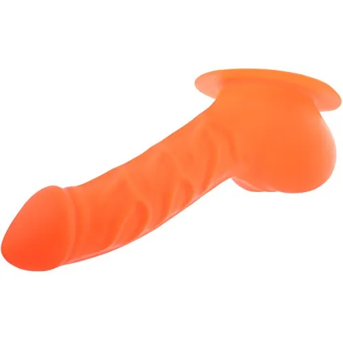 TOYLIE Latex Penishülle Franz Schaftlänge: 14cm neon orange mit Basisplatte zum ankleben an Latexkleidung - stark geäderter Penis-Sleeve mit Hodensack und ausgeprägter Eichel - MADE IN GERMANY