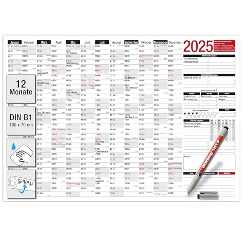 TOBJA Senioren Kalender 2025, abwischbarer Jahresplaner mit großen Feldern & Extras für Demenzkranke – Wandkalender inkl. wasserlöslichem Stift, wichtige Notrufnummern & tägliche Erinnerungen
