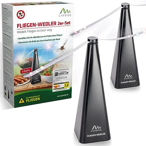 GARDIGO® Fliegenwedler - 2er Set - Fliegenabwehr für Tisch und Terrasse, leiser Fliegenventilator mit praktischer Aufhängung und reflektierenden Schimmerstreifen, ideal für Grillabende und Frühstück im Freien.