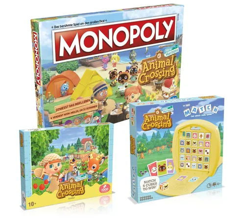 Animal Crossing Spiel 3er Set: Monopoly + Match + Puzzle (1000 Teile) - Gesellschaftsspiele – Erlebe das Inselleben mit diesem einzigartigen 3er Set, das Monopoly, ein spannendes Match-Spiel und ein 1000 Teile Puzzle umfasst!
