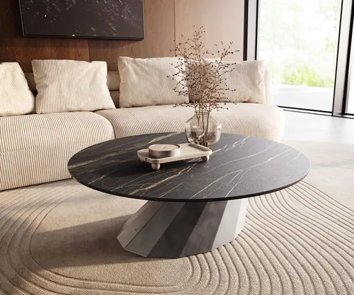DELIFE Couchtisch Edge Rund 100x100 cm – Keramik Laminam® Noir Desir Braun - Eleganter runder Couchtisch mit robuster Laminam® Keramikplatte in einladendem Braunton. Das stilvolle Metallgestell in Silber verleiht Ihrem Wohnzimmer modernen Charme.