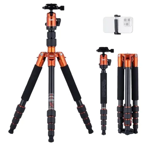 Rollei Compact Traveler No.1 Orange - Leichtes Reisestativ mit Kugelkopf - Stativ für DSLR und Smartphone, tragbar mit nur 1,12 kg und 143 cm Höhe, ideal für kreative Aufnahmen unterwegs.