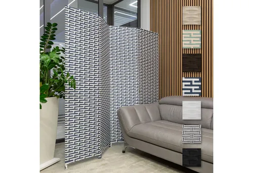 Hexim Raumteiler 180x180 cm - Klappbare Trennwand für Innenbereich - Raumteiler-Regale, 4-teilig und freistehend, ideal für Heimbüros oder Terrassen, in stilvollem dunkelblau & weiß.