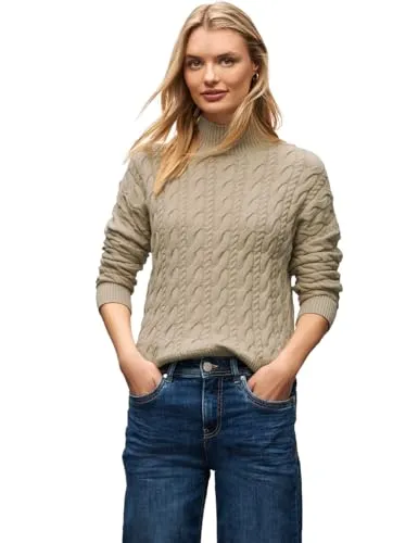 Street One Pullover mit Zopfmuster in Sanded Beige 40 - Damen Pullover mit Turtleneck und seitlichen Schlitzen, ideal für einen gemütlichen Look. Perfekte Passform mit ca. 75 cm Armlänge und 60 cm vorderer Länge.