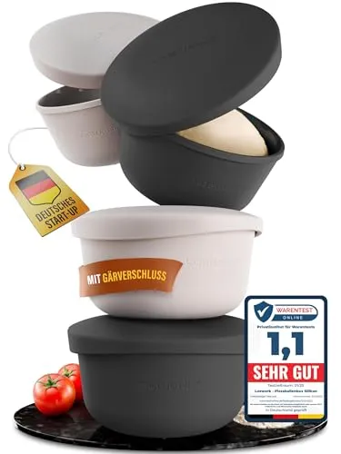 LOEWERK Pizzaballenbox mit Deckel – 4er Set – atmungsaktive Silikonbox für perfekten Pizzateig - Praktische Pizzaballenbox für bis zu 350g Teiglinge. Die atmungsaktive Gärbox sorgt für optimale Teigqualität und verhindert Austrocknen. Platzsparend und ideal für jeden Kühlschrank. Teste risikofrei 30 Tage!