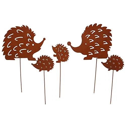 UNUS Garden Igel Gartenstecker 5er Set, Gartendeko Rostoptik, Roststecker aus Edelrost Metall, Rost Deko für Garten Terrasse Balkon Blumentopf