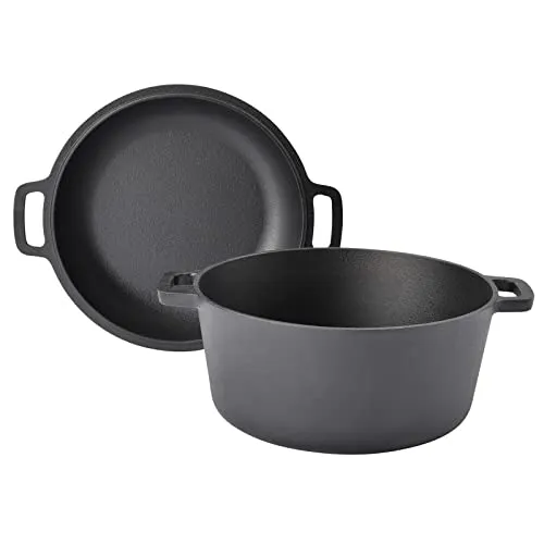 TAINO Gusseisen-Topf 6l - Vielseitiger Dutch Oven - Dutch Oven aus hochwertigem Gusseisen, ideal für Grill, Lagerfeuer und Herd. Mit 6L Volumen und zusätzlichem Pfannen-Deckel für vielseitiges Kochen und Braten.