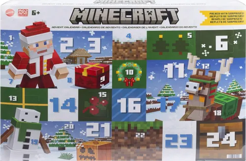 MATTEL HXM86 Minecraft Adventskalender - Festlicher Spielspaß - Adventskalender mit 3 Actionfiguren und 17 Zubehörteilen, ideal für Minecraft-Fans ab 6 Jahren. Entdecken und erschaffen Sie 24 Tage voller pixeliger Überraschungen!