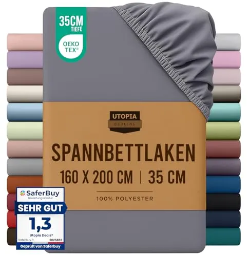 Utopia Bedding - Spannbettlaken 160x200cm - Grau - Gebürstete Polyester-Mikrofaser Spannbetttuch - 35 cm Tiefe Tasche
