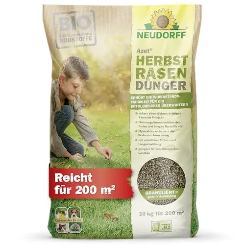 Neudorff Azet HerbstRasenDünger - Organischer Bio-Dünger für 200 m² - Dünger für frostharten, kräftigen Rasen: Stärkt die Frosthärte durch hohen Kaliumgehalt und sorgt für einen vitalen Start im Frühjahr. Umweltfreundlich und aus nachwachsenden Rohstoffen.