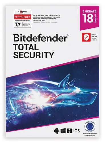 Bitdefender Total Security 2025 - 5 Geräte, 1,5 Jahre inkl. 200MB VPN - Security-Suiten: Umfassender Schutz für bis zu 5 Geräte mit 200MB VPN, ideal für sicheres Surfen und Schutz vor Bedrohungen.