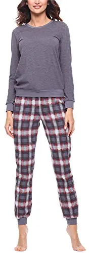 Merry Style Damen Schlafanzug Zweiteiler Pyjama lang bunt mit Muster (Dunkelmelange/Burgund, M)