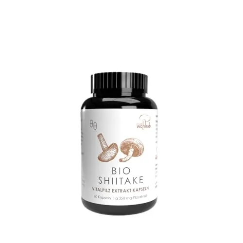Pilze Wohlrab - Shiitake Pilze BIO Extrakt Kapseln - 60 Kapseln, 1 Dose, 350 mg Shitake Extrakt je Kapsel, Vitalpilze Extrakt, Vitamin C Acerola