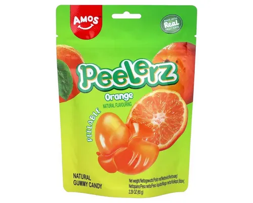 AMOS Süßigkeit, Amos Peelerz Gummies Orange mit einer fruchtigen Füllung 65g