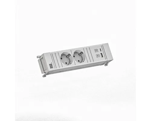 Bachmann POWER FRAME 2xCEE7/3 1xUSB A/C 22W - Steckdosenleiste mit 2xCEE7/3 und 1xUSB A/C, ideal für moderne Arbeitsplätze, bietet erhöhten Berührungsschutz und ist in eleganter Weißlackierung erhältlich.