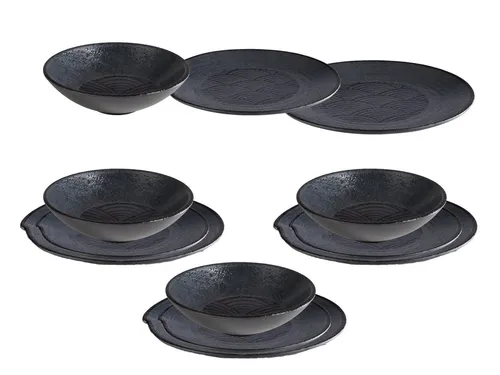 APS Geschirr-Set (12-tlg) für 4 Personen - Camping-Geschirr aus bruchsicherem Melamin, ideal für Picknick und Garten, mit stilvollem Wellen-Dekor in Schwarz.