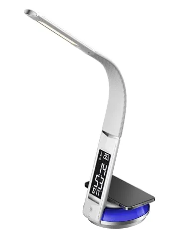 Northpoint LED Schreibtischlampe mit QI-Ladestation - Moderne Schreibtischlampe mit integrierter QI-Ladestation für Smartphones und RGB Mood Licht - ideal für jedes Ambiente und mit Temperaturanzeige.