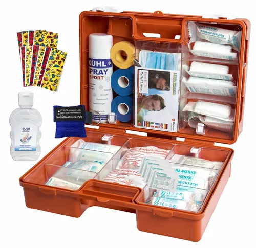 WM-Teamsport Erste-Hilfe-Koffer PRO S1 mit Hygiene-Gel - Robuster Sanitätskoffer in Orange, ideal für den Sportbereich. Ausgestattet mit Hygiene-Gel und umfassendem Erste-Hilfe-Material für schnelle Hilfe.