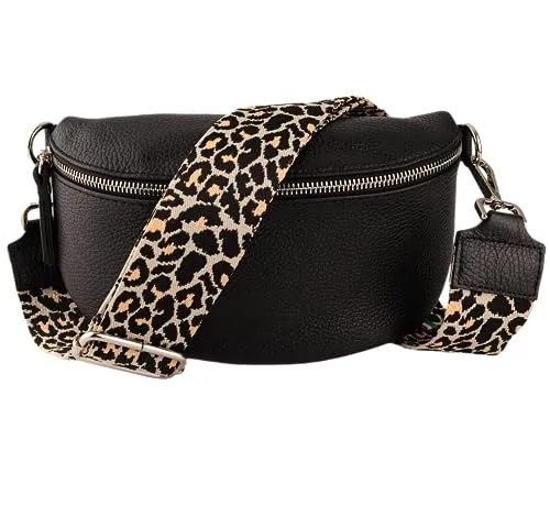 MIRROSI® Bauchtasche Damen aus Echtleder, Made in Italy, Crossbody Bag (Schwarz (Leo Schwarz)) - Elegante Bauchtasche aus hochwertigem Echtleder, gefertigt in Italien. Mit verstellbarem Ledergurt und praktischem Innenfach für vielseitige Tragemöglichkeiten. Ideal für stilvolle Auftritte.