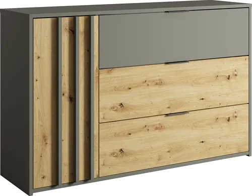 Moderne Kommode 125 cm in Grau mit Eiche RAGUSA-166 - Stilvolle Kommode in graphit mit Artisan Eiche RAGUSA-166. Ideal für ein modernes Schlafzimmer, bietet sie viel Stauraum und eine elegante Optik, die sich flexibel kombinieren lässt.