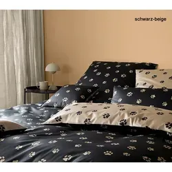 Elegante Bettwäsche Paws - 155x220 cm + 40x80 cm schwarz-beige - Hochwertige Wende-Bettwäsche aus Mako Satin mit stylischem Hundepfoten-Motiv. Ideal für ein gemütliches Schlafzimmer und in zwei eleganten Farben erhältlich. OEKO-TEX® zertifiziert für unbedenkliche Qualität.