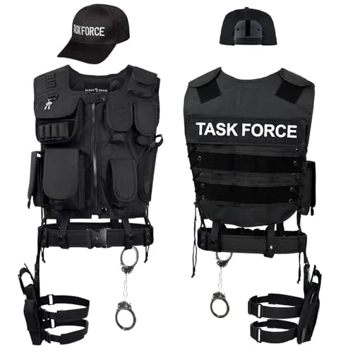 Black Snake® SWAT FBI Police Security Kostüm inkl. Einsatzweste, Pistolenholster, Gürtel, Handschellen und Baseball Cap (TASK FORCE, M-L)