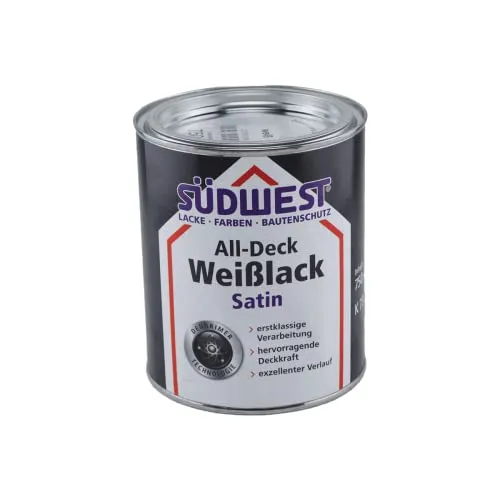 Pictolor SÜDWEST All-Deck Weißlack Satin 0,75 Liter - Lacke - Hochwertiger seidenglänzender Lack für Holz, Metall und Kunststoff mit hervorragendem Deckvermögen und einfacher Verarbeitung, ideal für Innen- und Außenanwendungen.