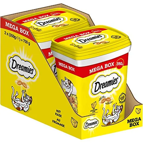 DREAMIES Katzensnacks - 2x350g - mit Käse - Traumhaft knusprige Katzen Leckerlies mit zarter Füllung - Mega Box