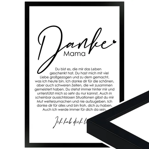 WANDStyle Bild Danke Mama – Poster für Mama - Modernes Kunstposter für Indoor mit hochwertigem Rahmen aus Massivholz, perfekt als Geschenk zu Weihnachten, Geburtstag oder Muttertag. Made in Germany mit nachhaltigen Materialien.