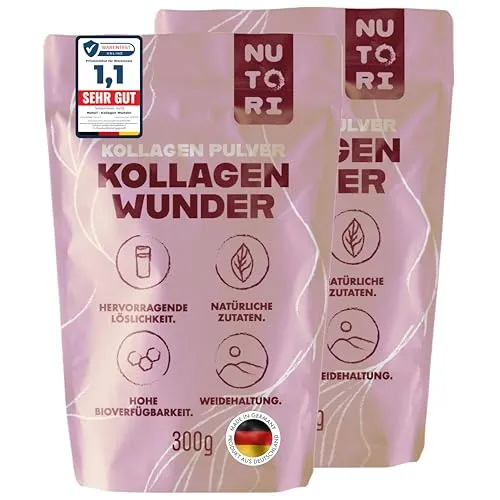 NUTORI Kollagen Pulver 300 g - Typ I & III - hohe Bioverfügbarkeit - Premium Kollagen Pulver mit optimaler Löslichkeit für vielseitige Anwendungen. Ideal zur Ergänzung deiner täglichen Routine, geschmacksneutral und ohne Zusatzstoffe. Hergestellt in Deutschland für geprüfte Qualität.