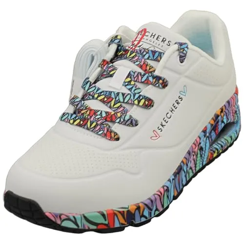 Skechers Damen UNO Ravaged Love Sneaker, Weiß-Multi, 38.5 EU - Damen-Sneaker mit luftgekühltem Memory-Schaum und stylischem Design, ideal für Komfort und modischen Auftritt.