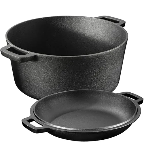 Navaris Gusseisen Topf 4,7l - 2in1 Dutch Oven mit Pfannendeckel - Kasserollen: Vielseitiger Gusseisentopf mit Pfannendeckel, ideal für alle Kochflächen und den Ofen bis 260°C. Perfekt zum Zubereiten von Brot und Gratins!