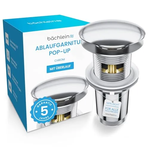 Bächlein Universal Ablaufgarnitur mit Überlauf (Chrom) – Praktisches Pop Up Ventil für Waschbecken - Waschtischarmaturen mit einfacher Push-Push-Funktion für schnelle Bedienung und werkzeuglosen Einbau – ideal für jedes handelsübliche Waschbecken!