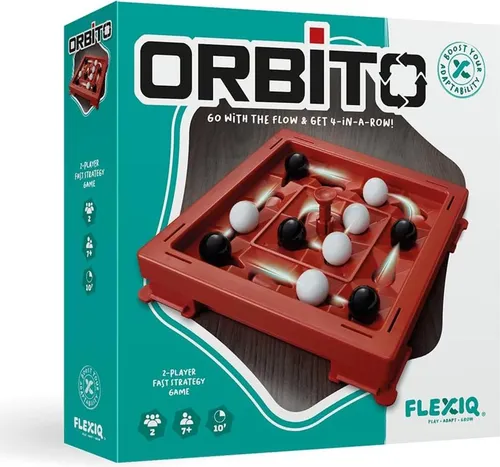 FlexiQ Orbito - Strategiespiel für 2 Spieler - Gesellschaftsspiel ab 7 Jahren mit spannender Spielmechanik: Versuchen Sie, vier Murmeln in einer Reihe zu bekommen, während der Orbito-Knopf die Positionen verändert!