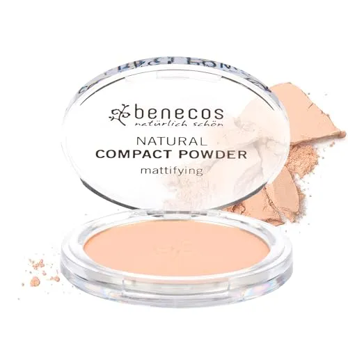 Benecos Natural Compact Powder porcelain - gepresstes, mattierendes Puder für ebenmäßigen Teint - mit Bio-Rizinusöl & Macadamia - vegane Naturkosmetik - 9g