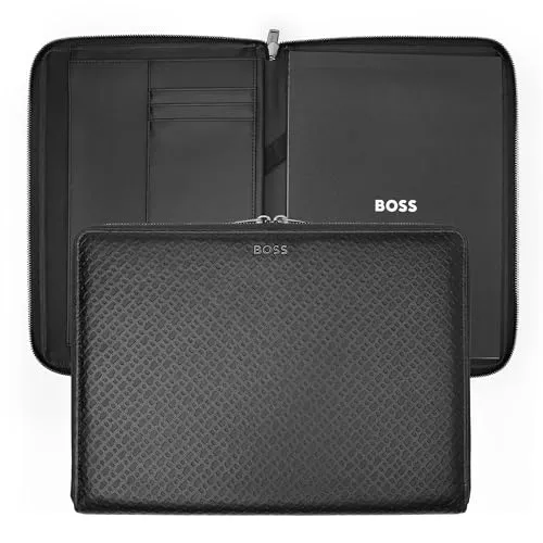 Hugo Boss A4 Conference Folder Monogram Zipped Black - Elegantes A4 Konferenzordner aus hochwertigem Leder, ideal für professionelle Auftritte und Meetings. Mit praktischem Reißverschluss und stilvollem Monogramm-Design.